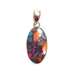 Artisan Sterling Silver Spiny Oyster Blue Turquoise Copper Mosaic Oval Pendant